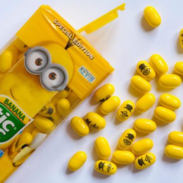 minions banana tic tac special edition open with contents spilled  set on white background